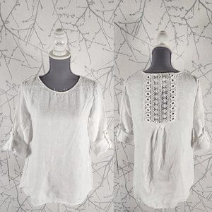 Terzo Millennio White 100% Linen Crochet Lace Panel Blouse
